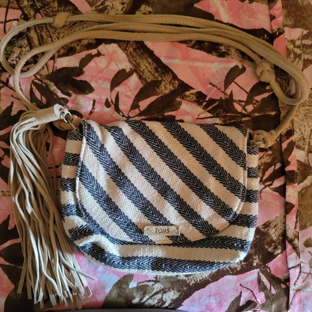 Toms Blue And Cream Crossbody With Suede Strap And Tassel